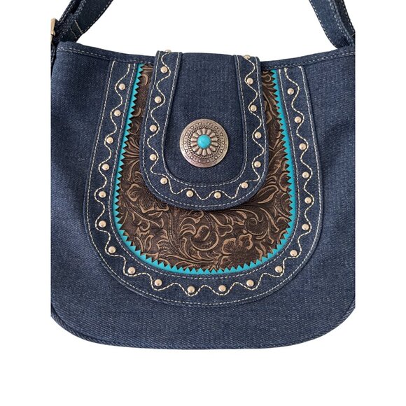 Canyon Sky Womens Denim Crossbody Bag With Turquoise Embellishment - Picture 3 of 12